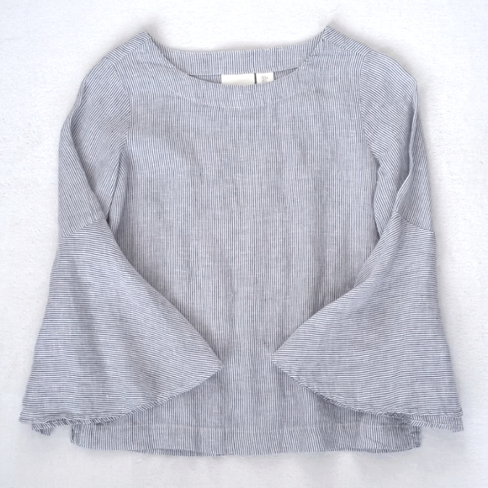 Cynthia Rowley 100% Linen Blue & White Pinstripe Bell Sleeve Top M - Picture 5 of 10